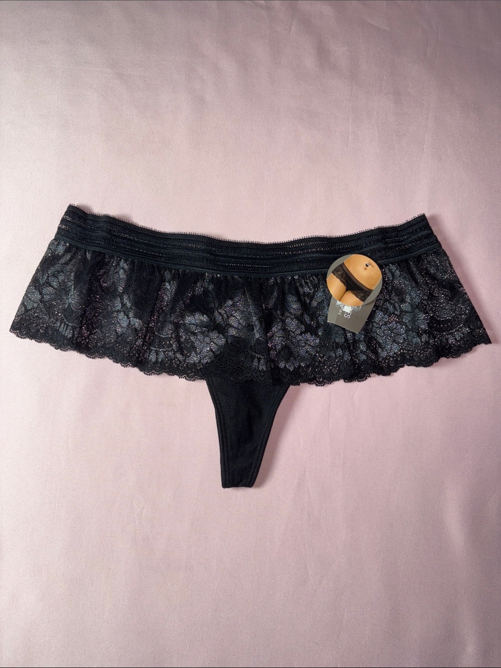 Lace Ruffle Thong Panty - Black